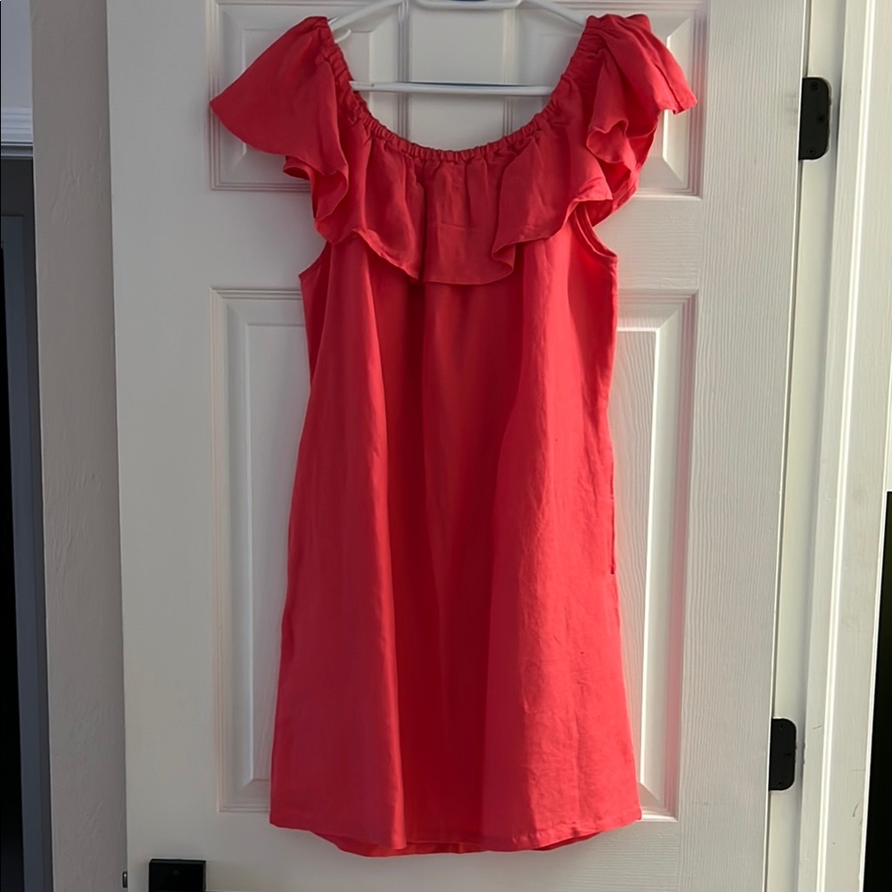 Ruffled Off-Shoulder Dress in Coral